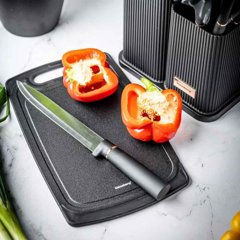 Zestaw noży i przyborów kuchennych w stojaku z deską do krojenia Klausberg KB 7835