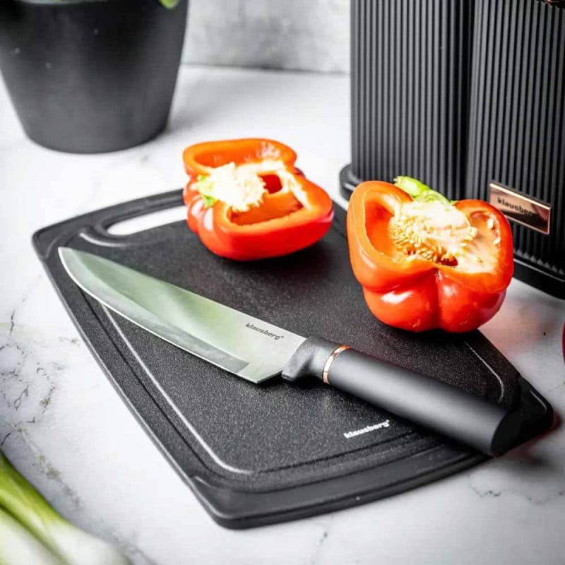 Zestaw noży i przyborów kuchennych w stojaku z deską do krojenia Klausberg KB 7835