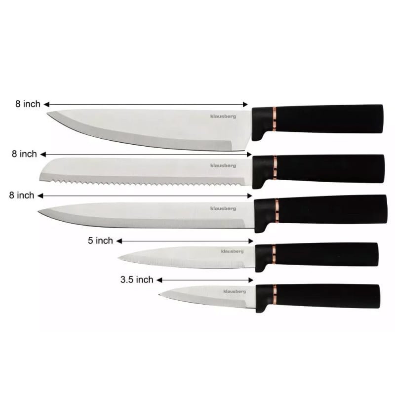 Zestaw noży i przyborów kuchennych w stojaku z deską do krojenia Klausberg KB 7835