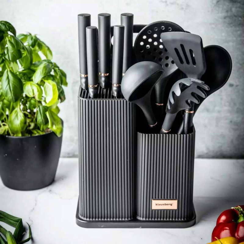 Zestaw noży i przyborów kuchennych w stojaku z deską do krojenia Klausberg KB 7835