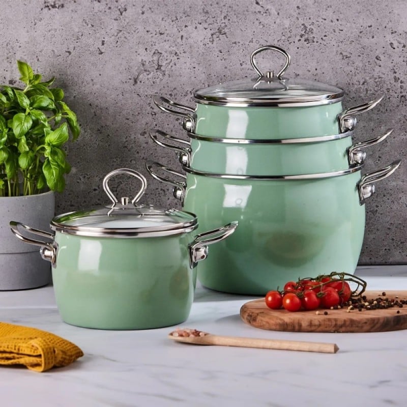 Garnki emaliowane z pokrywkami Altom Balbina zestaw 4 garnków emaliowanych zielone