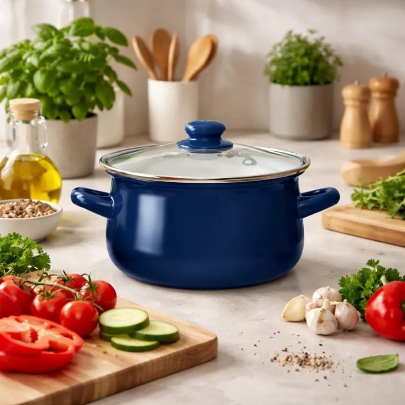 Garnki emaliowane z pokrywkami Altom 16/18/20/22 cm zestaw 4 garnków emaliowanych granatowe