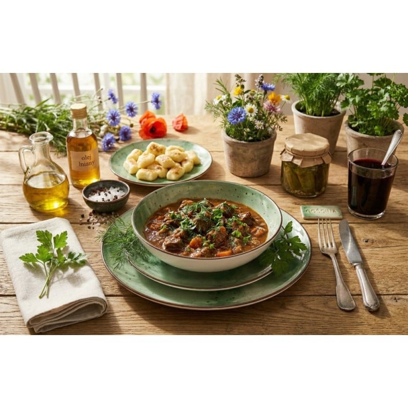 Serwis obiadowy porcelanowy GierekHoff Giada 18 elementów zestaw talerzy dla 6 osób zielony nakrapiany 1220