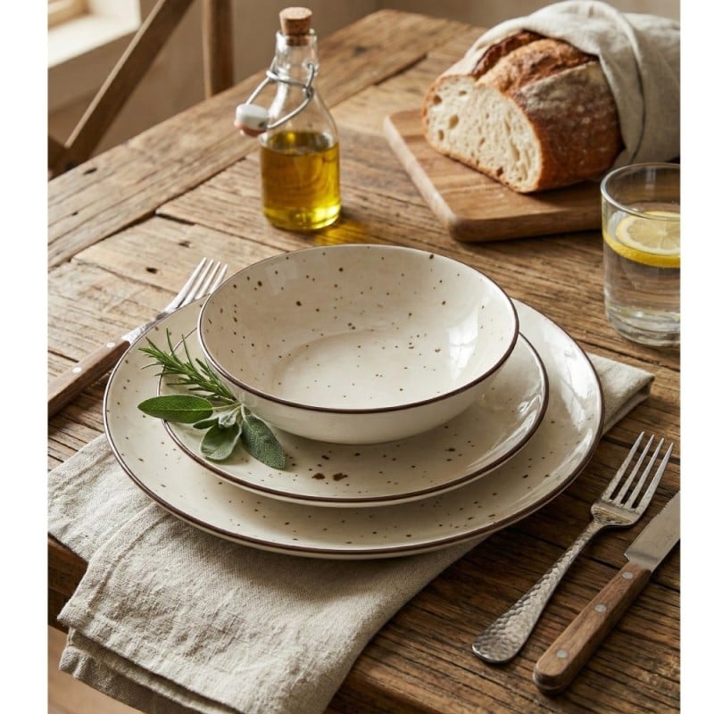 Serwis obiadowy porcelanowy GierekHoff Sabbia 18 elementów zestaw talerzy dla 6 osób beżowy nakrapiany 1221