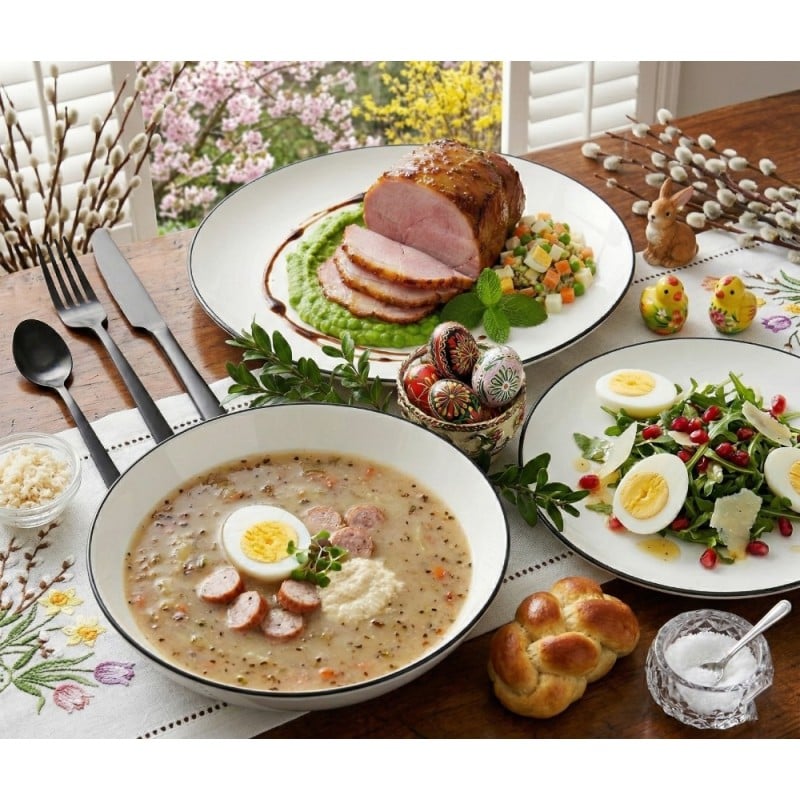 Serwis obiadowy porcelanowy GierekHoff Linea 18 elementów zestaw talerzy dla 6 osób białe z czarnym paskiem 1218