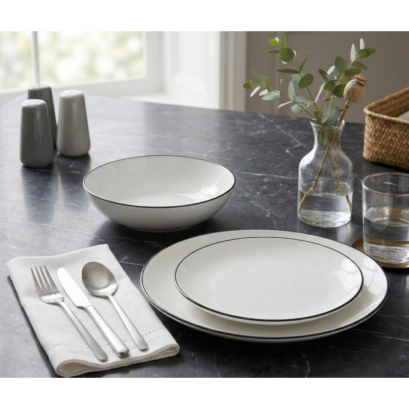 Serwis obiadowy porcelanowy GierekHoff Linea 18 elementów zestaw talerzy dla 6 osób białe z czarnym paskiem 1218