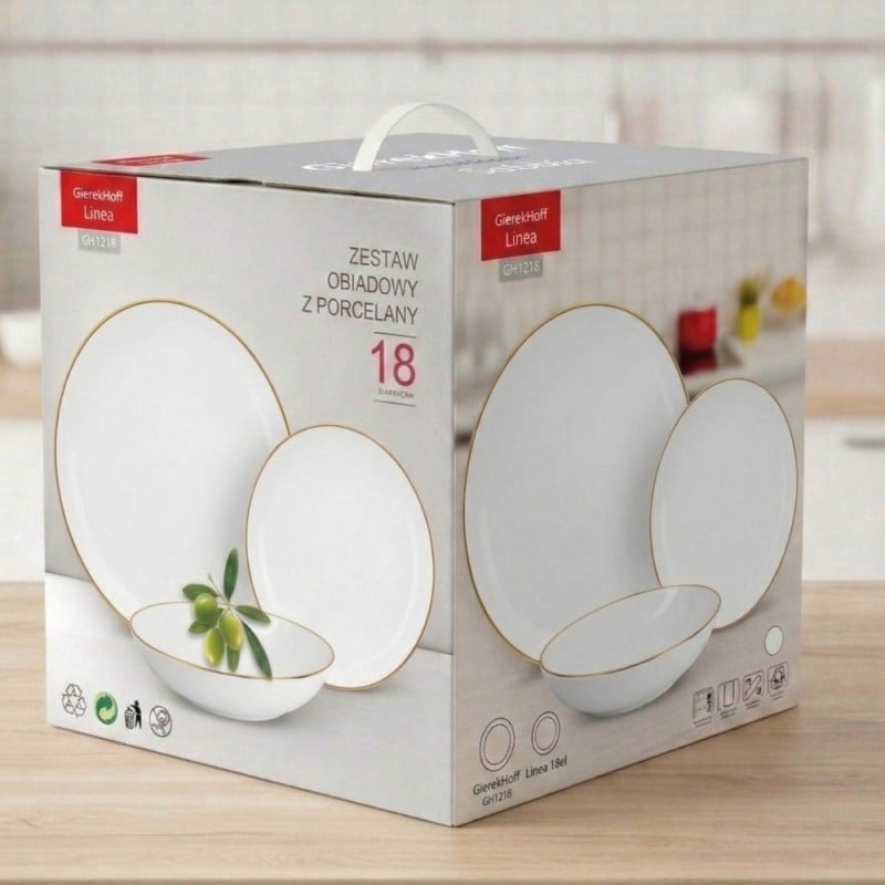 Serwis obiadowy porcelanowy GierekHoff Aurea 18 elementów zestaw talerzy dla 6 osób białe ze złotym paskiem 1219