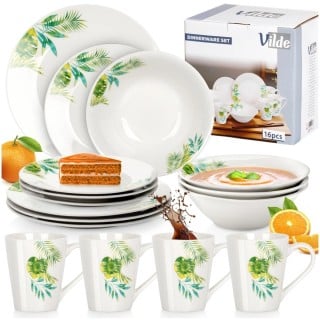 Serwis obiadowy 16 elementów zestaw talerzy z kubkami dla 4 osób w kolorze białym w rośliny