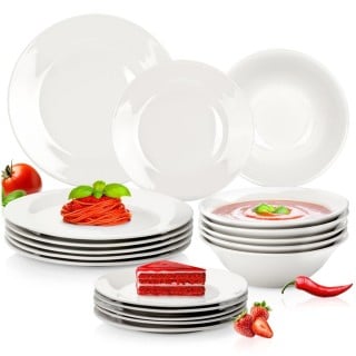 Serwis obiadowy 18 elementów zestaw talerzy z miskami dla 6 osób w kolorze klasycznej bieli