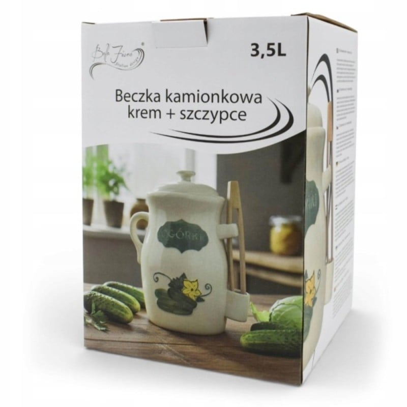 Beczka kamionkowa do ogórków 3.5l Bella Fiore w zestawie ze szczypcami kremowa