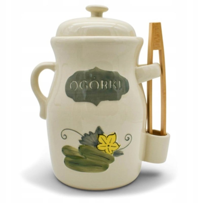 Beczka kamionkowa do ogórków 3.5l Bella Fiore w zestawie ze szczypcami kremowa