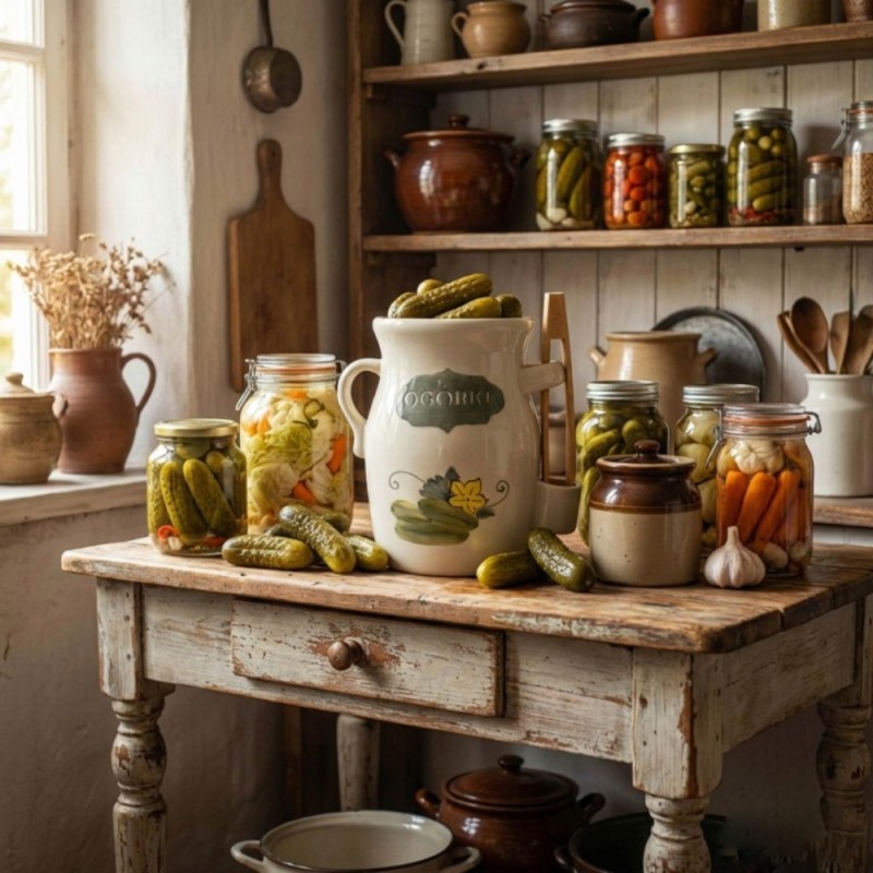 Beczka kamionkowa do ogórków 3.5l Bella Fiore w zestawie ze szczypcami kremowa