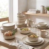 Serwis obiadowy porcelanowy GierekHoff Evie 30 elementów z salaterkami i kubkami zestaw talerzy dla 6 osób retro 1211