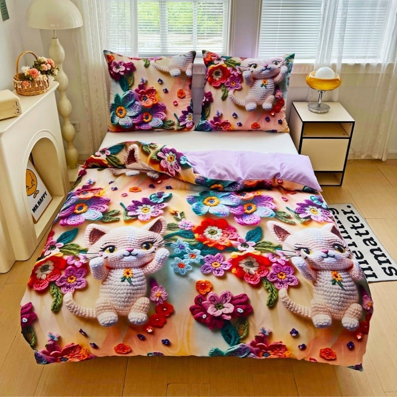 Pościel 200x220 bawełna satynowa wzór 5D dwustronna GierekHoff gruba 3 części GH 3115 dziergany kot