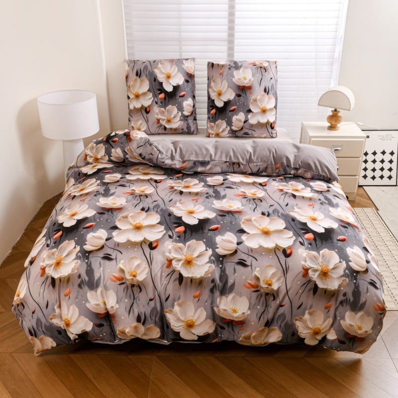 Pościel 140x200 bawełna satynowa wzór 5D dwustronna GierekHoff gruba 2 części GH 3119 kwiaty na szarym tle