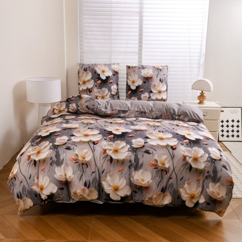 Pościel 140x200 bawełna satynowa wzór 5D dwustronna GierekHoff gruba 2 części GH 3119 kwiaty na szarym tle