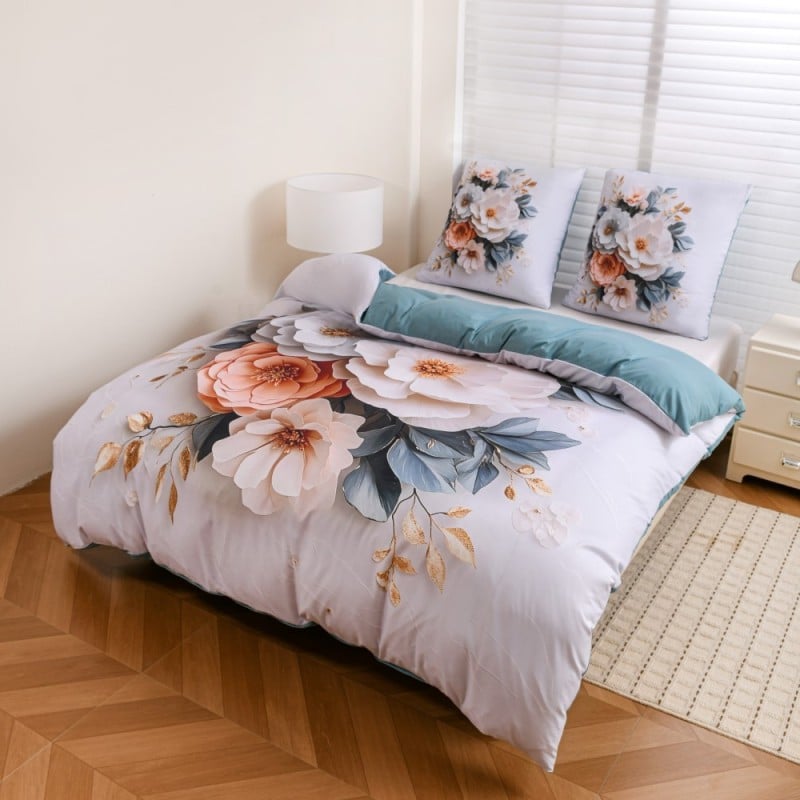 Pościel 160x200 bawełna satynowa wzór 5D dwustronna GierekHoff gruba 3 części GH 3120 pudrowe kwiaty