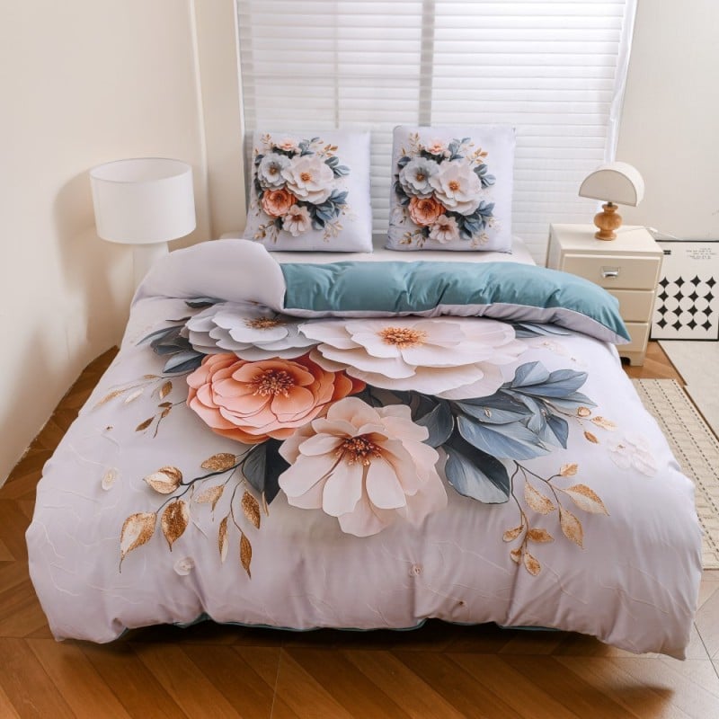 Pościel 160x200 bawełna satynowa wzór 5D dwustronna GierekHoff gruba 3 części GH 3120 pudrowe kwiaty