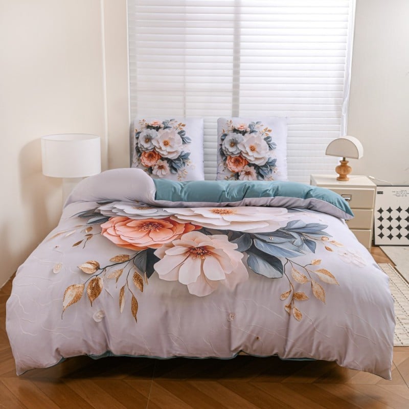 Pościel 160x200 bawełna satynowa wzór 5D dwustronna GierekHoff gruba 3 części GH 3120 pudrowe kwiaty