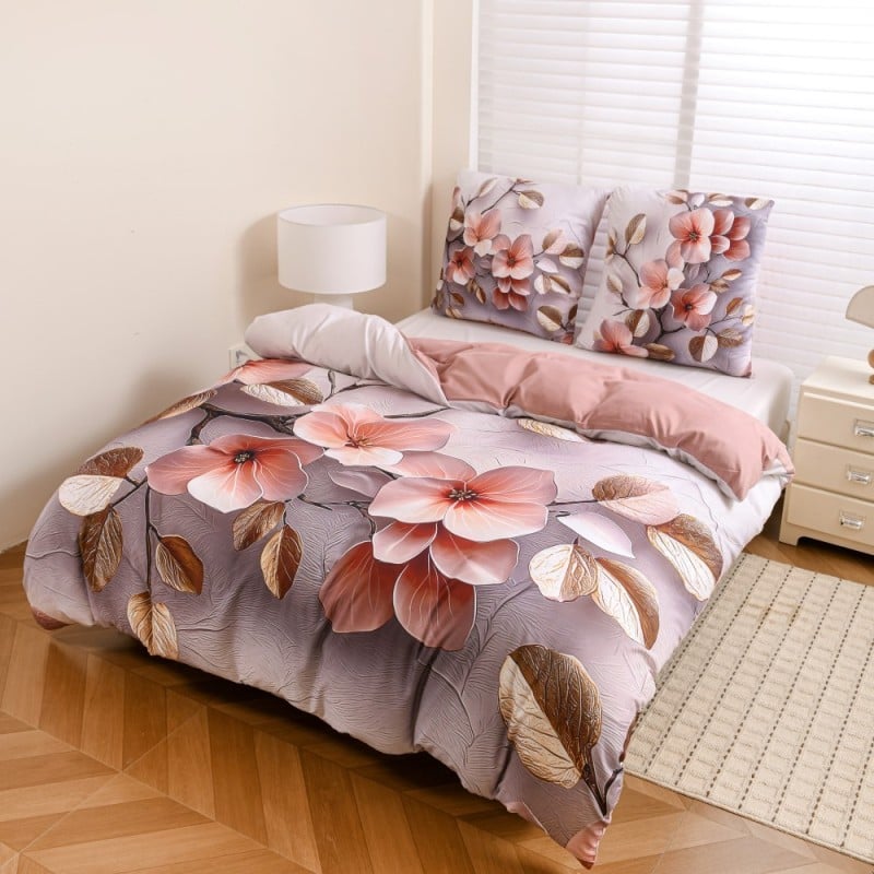 Pościel 160x200 bawełna satynowa wzór 5D dwustronna GierekHoff gruba 3 części GH 3123 Pudrowy Ogród