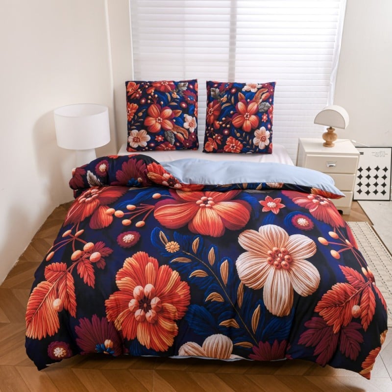 Pościel 140x200 bawełna satynowa wzór 5D dwustronna GierekHoff gruba 2 części GH 3129 Atramentowa Flora