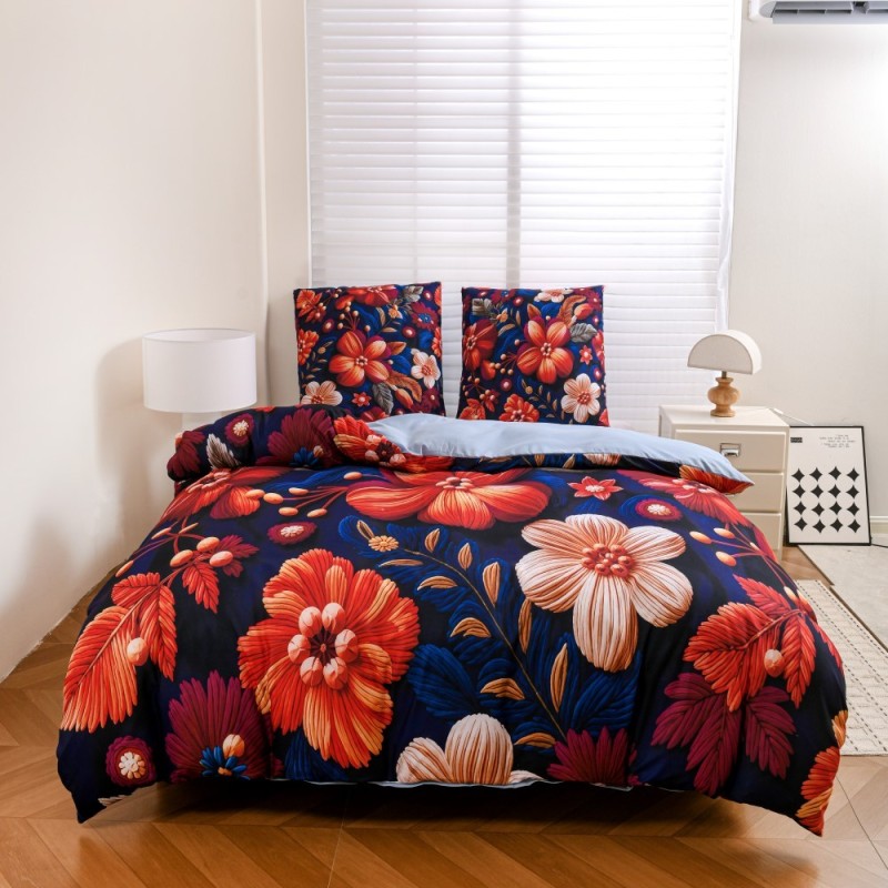 Pościel 140x200 bawełna satynowa wzór 5D dwustronna GierekHoff gruba 2 części GH 3129 Atramentowa Flora