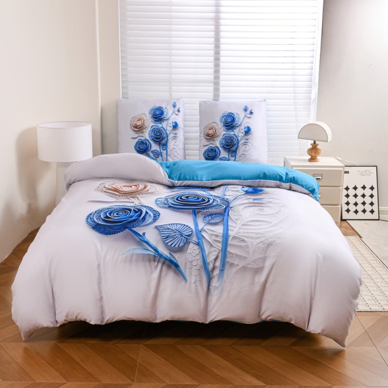 Pościel 140x200 bawełna satynowa wzór 5D dwustronna GierekHoff gruba 2 części GH 3130 Błękitny Quilling