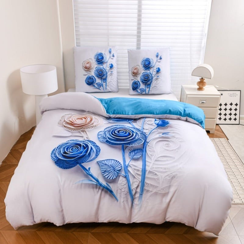 Pościel 200x220 bawełna satynowa wzór 5D dwustronna GierekHoff gruba 3 części GH 3130 Błękitny Quilling