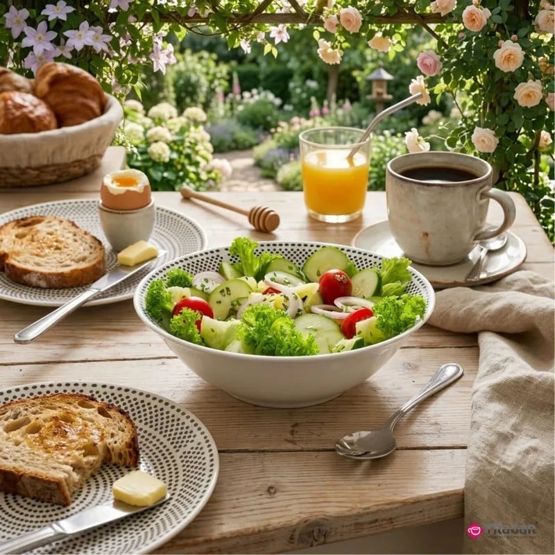 Serwis obiadowy porcelana 19 elementów Bella Fiore białe talerze miska dla 6 osób wzór kropki