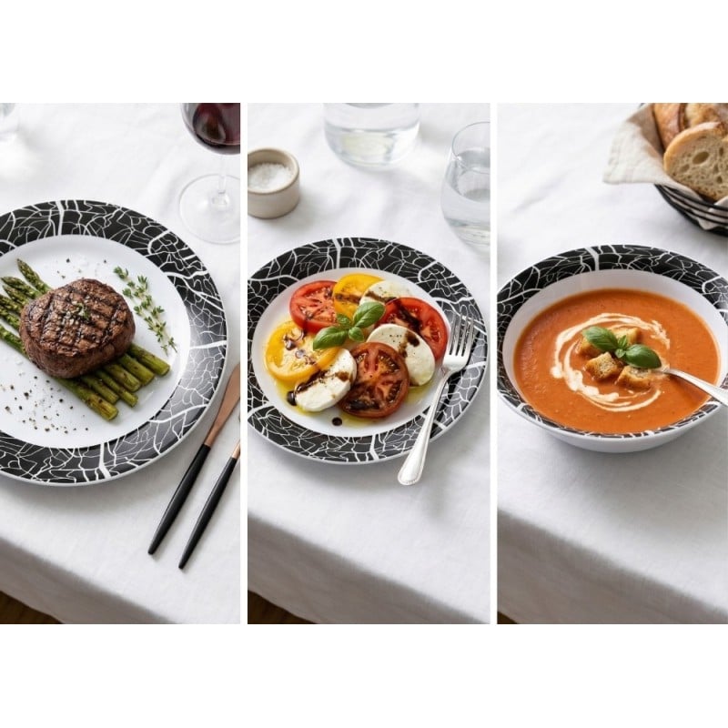 Serwis obiadowy 18 elementów GierekHoff Aura Mystery białe talerze dla 6 osób wzór czarna mozaika GH 1216