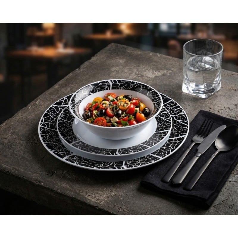 Serwis obiadowy 18 elementów GierekHoff Aura Mystery białe talerze dla 6 osób wzór czarna mozaika GH 1216