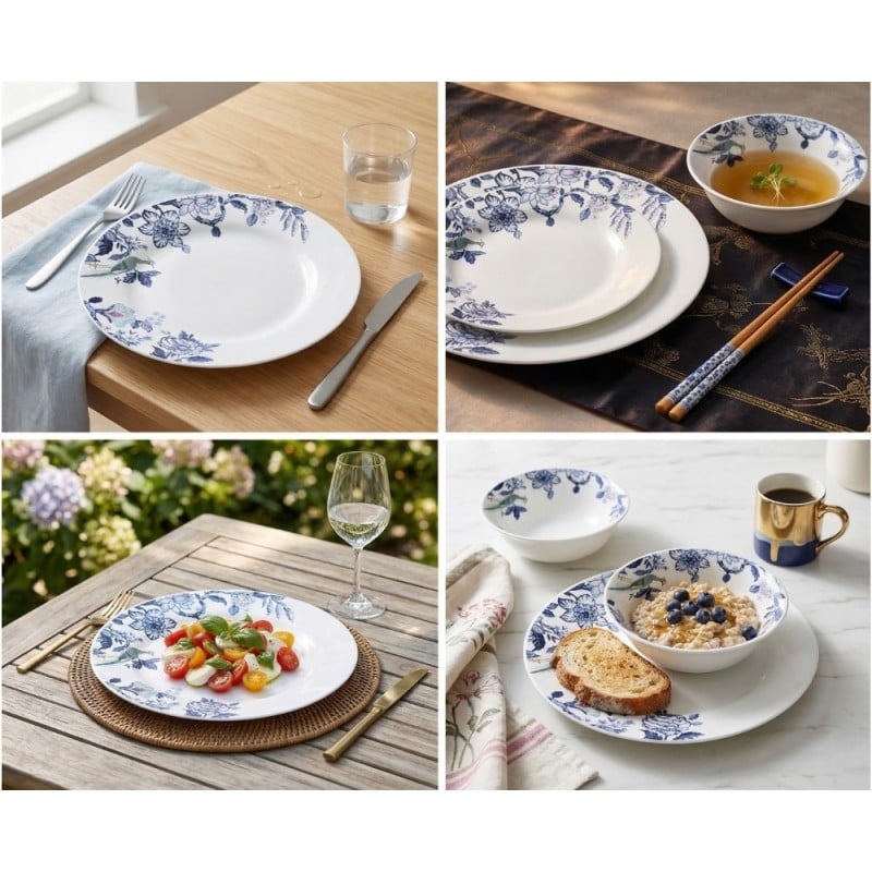 Serwis obiadowy 18 elementów GierekHoff Aura Calm białe talerze dla 6 osób wzór niebieskie kwiaty GH 1215