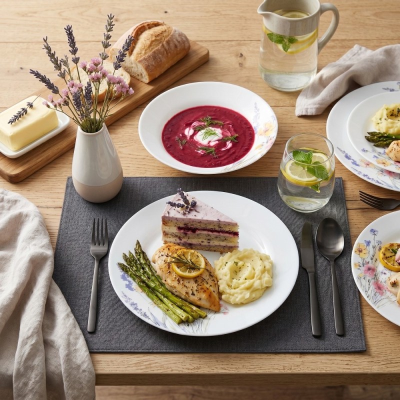 Serwis obiadowy porcelanowy 18 elementów Tulya białe talerze dla 6 osób wzór polne kwiaty