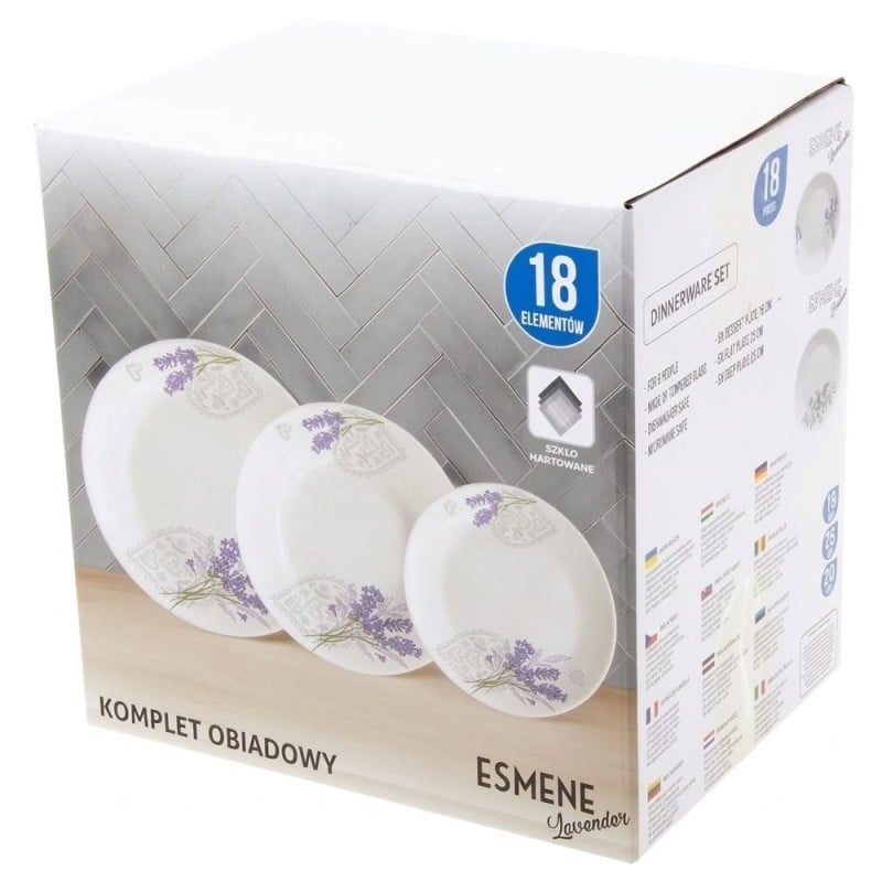 Serwis obiadowy 18 elementów Esmene białe talerze dla 6 osób wzór lawenda