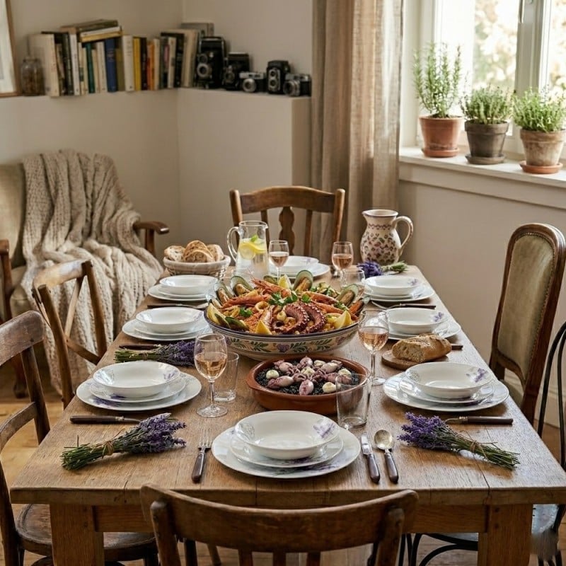 Serwis obiadowy 18 elementów Esmene białe talerze dla 6 osób wzór lawenda