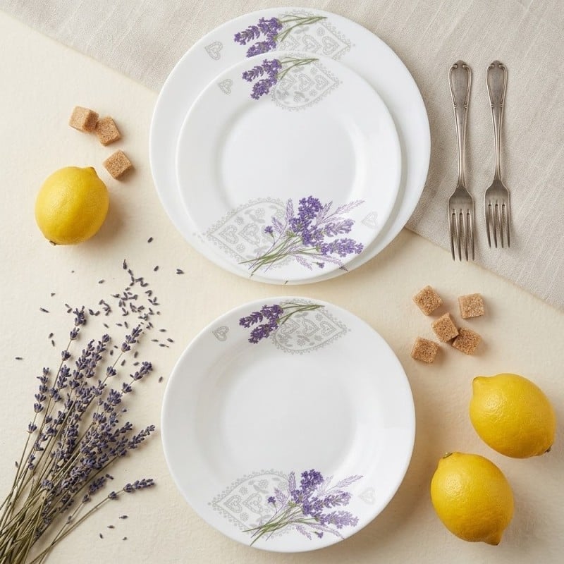 Serwis obiadowy 18 elementów Esmene białe talerze dla 6 osób wzór lawenda