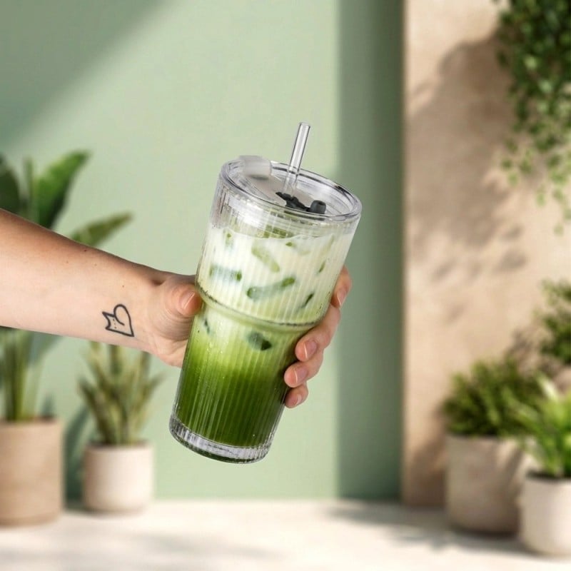 Kubek szklany do napojów z pokrywką i słomką 540 ml Florina Vetrino podróżny szklanka ryflowana