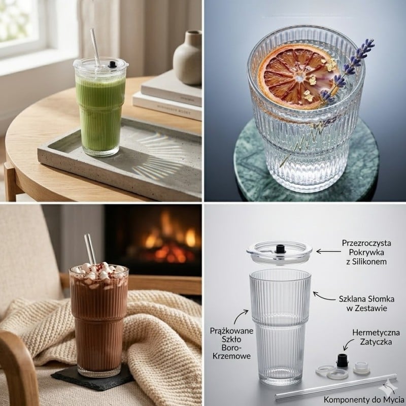 Kubek szklany do napojów z pokrywką i słomką 540 ml Florina Vetrino podróżny szklanka ryflowana