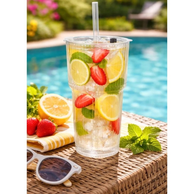 Kubek szklany do napojów z pokrywką i słomką 540 ml Florina Vetrino podróżny szklanka ryflowana