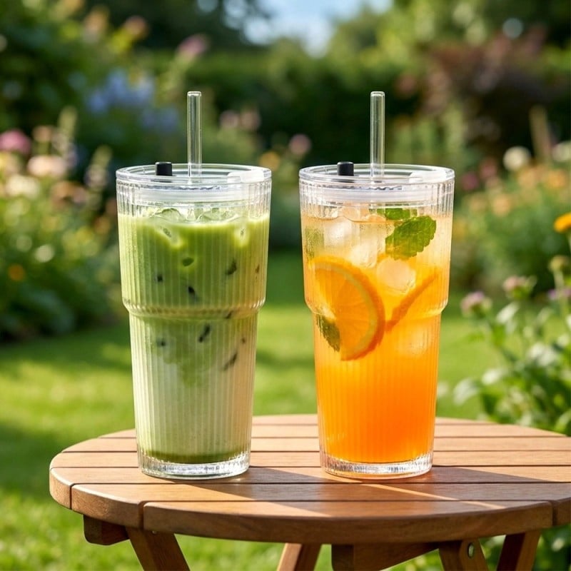 6 x Kubek szklany do napojów z pokrywką i słomką 540 ml Florina Vetrino podróżny szklanka ryflowana zestaw 6 szklanek