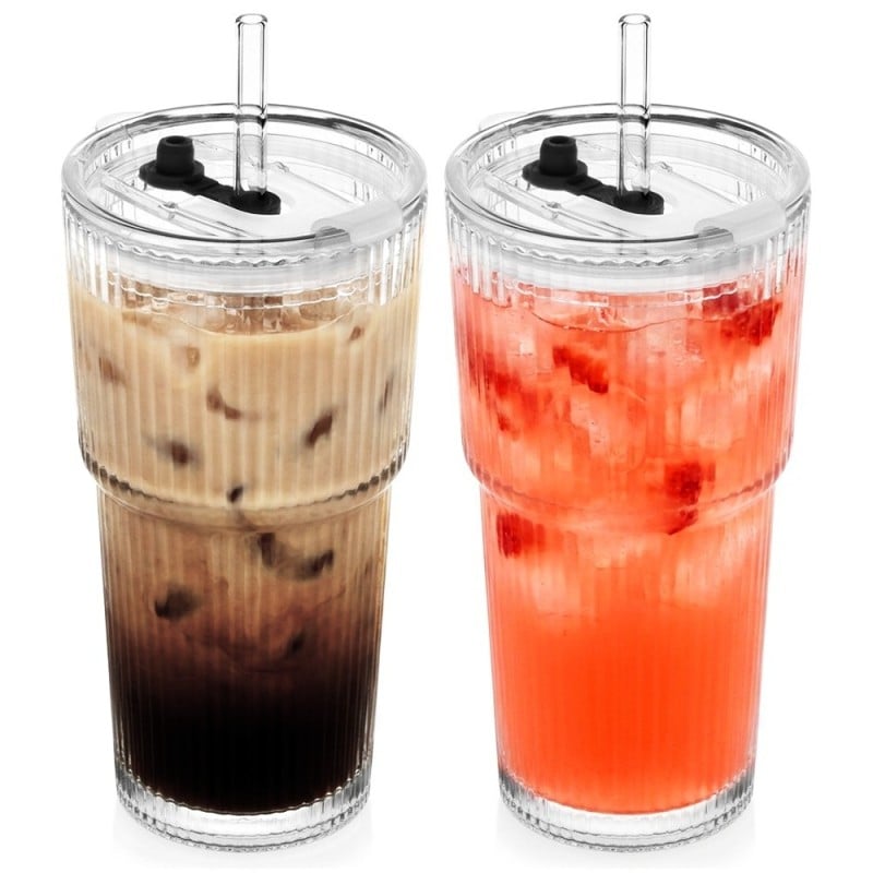 6 x Kubek szklany do napojów z pokrywką i słomką 540 ml Florina Vetrino podróżny szklanka ryflowana zestaw 6 szklanek