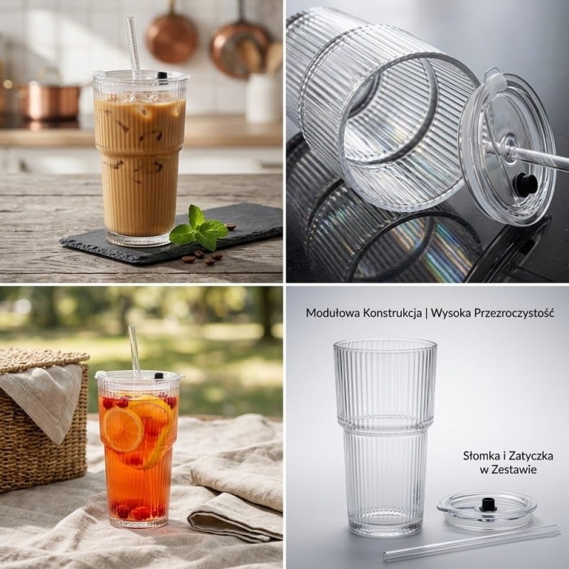 6 x Kubek szklany do napojów z pokrywką i słomką 540 ml Florina Vetrino podróżny szklanka ryflowana zestaw 6 szklanek