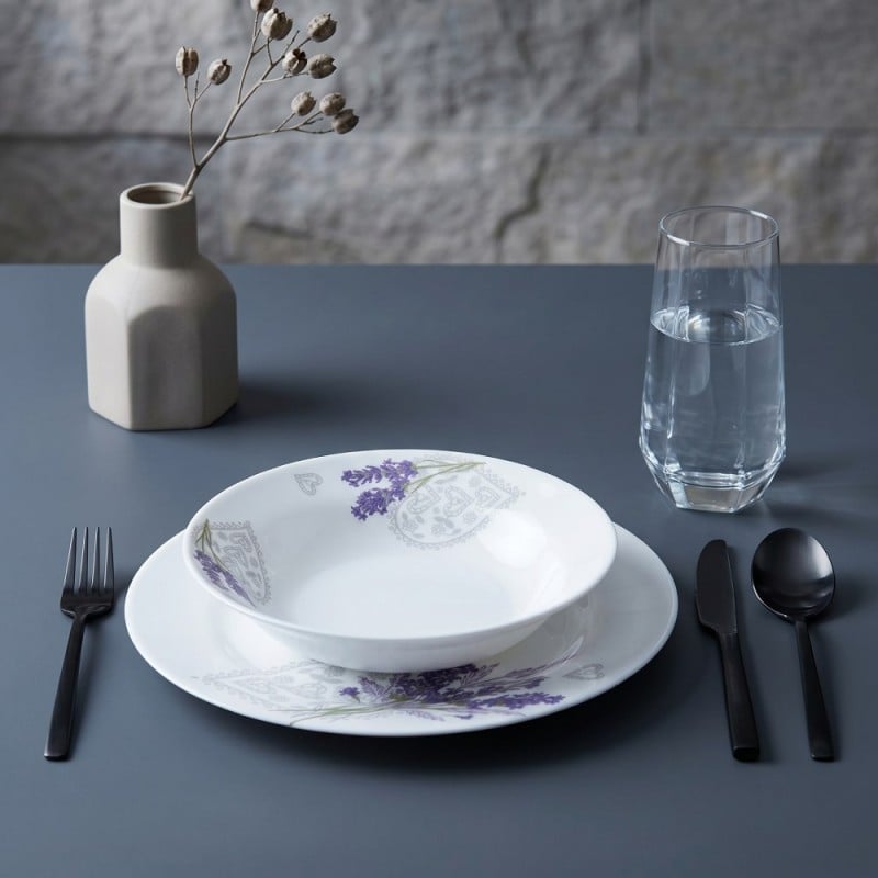 Serwis obiadowy 36 elementów Esmene białe talerze dla 12 osób wzór lawenda