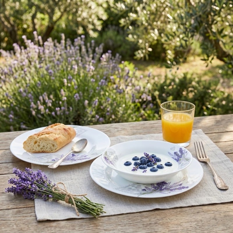 Serwis obiadowy 36 elementów Esmene białe talerze dla 12 osób wzór lawenda