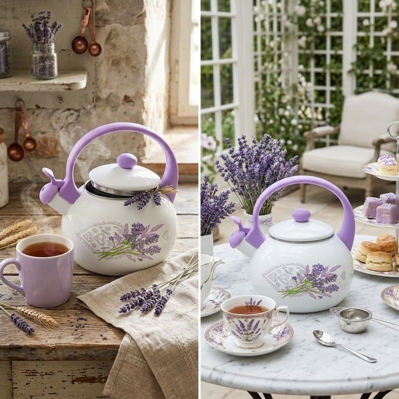 Czajnik tradycyjny z gwizdkiem 2.2 L emaliowany Amelio Lavander motyw lawendy
