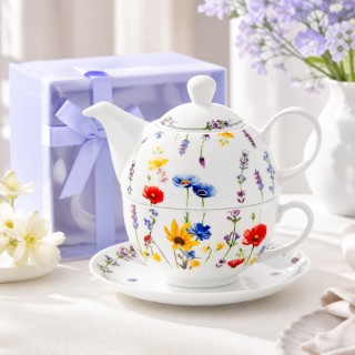 Dzbanek porcelanowy z filiżanką biały imbryk w kwiaty do zaparzania herbaty 400ml SOLEY ODELO OD2957 Delhan