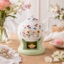 Dzbanek porcelanowy z zielonym podgrzewaczem biały imbryk w motyle do zaparzania herbaty 1L ODELO VEDIA OD2961 Delhan