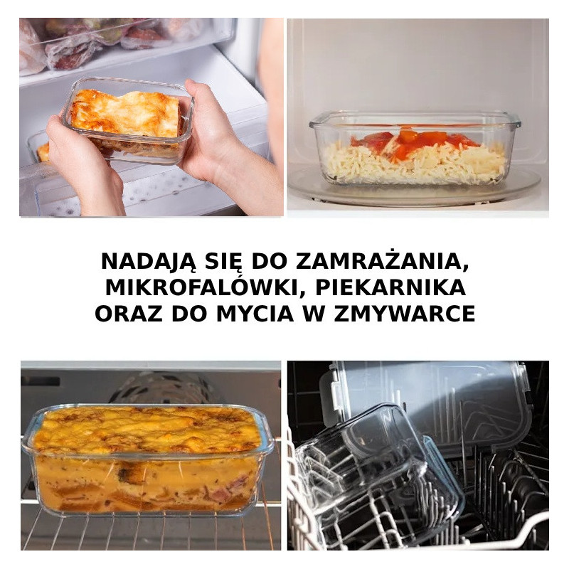 Pojemniki szklane prostokątne lunchbox GierekHoff Corio GH 1114 zestaw 4 sztuki żaroodporne hermetyczne 1050/640/370/200 ml