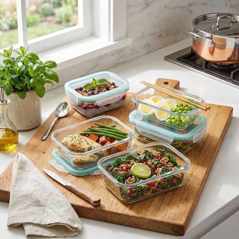 Pojemniki szklane prostokątne lunchbox GierekHoff Corio GH 1114 zestaw 4 sztuki żaroodporne hermetyczne 1050/640/370/200 ml