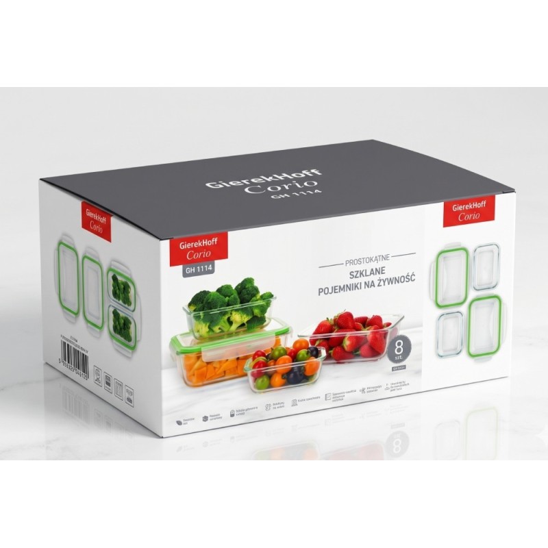 Pojemniki szklane prostokątne lunchbox GierekHoff Corio GH 1114 zestaw 4 sztuki żaroodporne hermetyczne 1050/640/370/200 ml